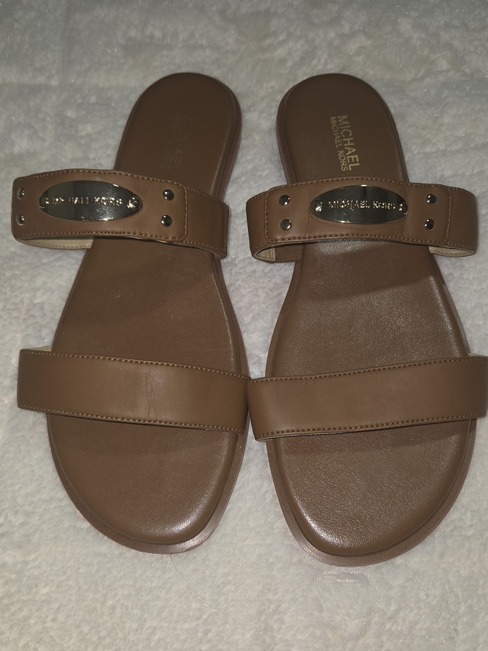 Michael Kors Tan Leather Double-Strap Slide Sandals - Picture 2 of 4